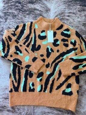 Orange Animal-Print Cowl Neck Sweater with Mint Accents